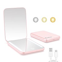 Kintion Rechargeable Pocket Mirror Double Sided 1X3X Magnification Compact Vanity Mirror 3 Color Lights Dimmable Small Port