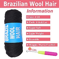 Cookoo 8 Roll Natural Black Brazilian Wool Hair Yarn For Hair Braiding Crochet Hair Senegalese Twisting African Braids Jumbo Bra