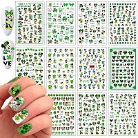 12 Sheets St Patricks Day Nail Art Stickers Decal 3D Cute Cartoon Nail Decals Nail Art Supplies Shamrock Clover Irish Cartoon Ch