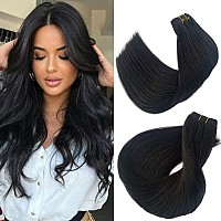 Sew In Weft Human Hair Extensions Natural Black Real Hair Bundle Double Weft Hand Tied Human Hair Wefts Sew In 1B Black 20 Inch