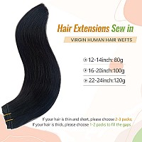 Sew In Weft Human Hair Extensions Natural Black Real Hair Bundle Double Weft Hand Tied Human Hair Wefts Sew In 1B Black 20 Inch