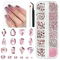 Qiipii 2052Pcs Pink Nail Rhinestones Light Pink Rhinestones For Nails 72 Multi Shapes Big Gems 1980 Flatback Round Beads K9 Gla