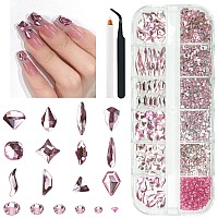 Qiipii 2052Pcs Pink Nail Rhinestones 12 Shapes Light Pink Rhinestones For Nails Flatback K9 Glass Gems Round Beads Stones Diamon