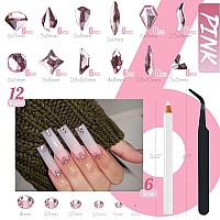 Qiipii 2052Pcs Pink Nail Rhinestones 12 Shapes Light Pink Rhinestones For Nails Flatback K9 Glass Gems Round Beads Stones Diamon