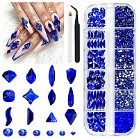 Qiipii 2052Pcs Blue Nail Rhinestones Multi Shapes Sapphire Rhinestones For Nails Flatback Nail Gems K9 Glass Royal Blue Round Be