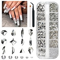 Qiipii 2052Pcs Crystal Clear Nail Rhinestones 72 Multi Shapes Crystal White Rhinestones For Nails Flatback Big Nail Gems 1980 K