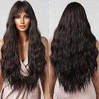 Beron Dark Brown Wig Long Curly Wig With Bangs Deep Brown Wig Synthetic Wig Black Brown Wigs For Women Girls Wigs With Wig Cap