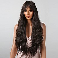 Beron Dark Brown Wig Long Curly Wig With Bangs Deep Brown Wig Synthetic Wig Black Brown Wigs For Women Girls Wigs With Wig Cap