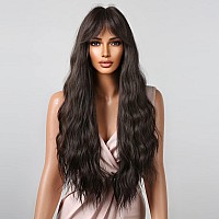 Beron Dark Brown Wig Long Curly Wig With Bangs Deep Brown Wig Synthetic Wig Black Brown Wigs For Women Girls Wigs With Wig Cap