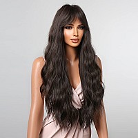 Beron Dark Brown Wig Long Curly Wig With Bangs Deep Brown Wig Synthetic Wig Black Brown Wigs For Women Girls Wigs With Wig Cap