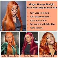 Earlr 26Inch Ginger Lace Front Wig Human Hair 13X4 Hd Transparent Lace Front Wig Colored Straight Lace Front Wig 150 Density Pr