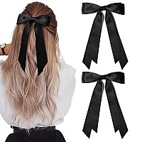 2Pcs Silky Satin Hair Bows Hair Clip Black Hair Ribbon Ponytail Holder Accessories Slides Metal Clips Hair Bow For Women Girls T