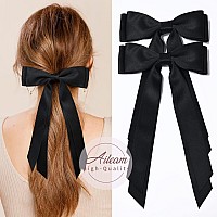 2Pcs Silky Satin Hair Bows Hair Clip Black Hair Ribbon Ponytail Holder Accessories Slides Metal Clips Hair Bow For Women Girls T