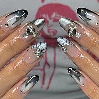 Babalal Almond Press On Nails Medium Fake Nails Black Sliver Chrome Planet Rhinestones Acrylic Nails Stiletto Glue On Nails Star