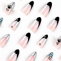 Babalal Almond Press On Nails Medium Fake Nails Black Sliver Chrome Planet Rhinestones Acrylic Nails Stiletto Glue On Nails Star