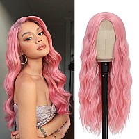 Ybymcai Pink Wig Long Pink Wavy Wigs For Women Middle Part Pastel Pink Wig 26 Inch Natural Curly Synthetic Wig Heat Resistant