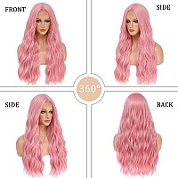 Ybymcai Pink Wig Long Pink Wavy Wigs For Women Middle Part Pastel Pink Wig 26 Inch Natural Curly Synthetic Wig Heat Resistant