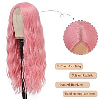 Ybymcai Pink Wig Long Pink Wavy Wigs For Women Middle Part Pastel Pink Wig 26 Inch Natural Curly Synthetic Wig Heat Resistant