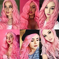 Ybymcai Pink Wig Long Pink Wavy Wigs For Women Middle Part Pastel Pink Wig 26 Inch Natural Curly Synthetic Wig Heat Resistant