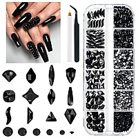 Qiipii 2052Pcs Black Nail Rhinestones Multi Shapes Jet Black Rhinestones For Nails Flatback Nail Gems K9 Glass Dark Black Round