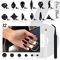 Qiipii 2052Pcs Black Nail Rhinestones Multi Shapes Jet Black Rhinestones For Nails Flatback Nail Gems K9 Glass Dark Black Round