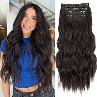 Alxnan Clip In Long Wavy Synthetic Hair Extension 4Pcs 24 Inch Dark Brown Thick Hairpieces Fiber Double Weft Hair For Women