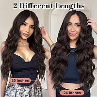 Alxnan Clip In Long Wavy Synthetic Hair Extension 4Pcs 24 Inch Dark Brown Thick Hairpieces Fiber Double Weft Hair For Women