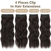 Alxnan Clip In Long Wavy Synthetic Hair Extension 4Pcs 24 Inch Dark Brown Thick Hairpieces Fiber Double Weft Hair For Women