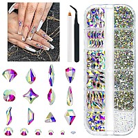 Qiipii 2052Pcs Crystal Ab Nail Rhinestones 72 Multi Shapes Crystal White Ab Rhinestones For Nails Flatback Big Nail Gems 1980 K