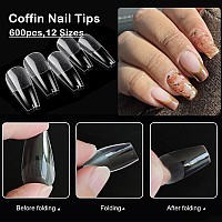 Addfavor Coffin Nail Tips 600Pcs Gel X Nail Tips Medium Ballerina Full Cover Nails Tips Clear Acrylic False Nail Tips For Nail