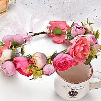 Ynimioaox Handmade Adjustable Flower Wreath Headband Halo Floral Crown Garland Headpiecem2Rose Pink