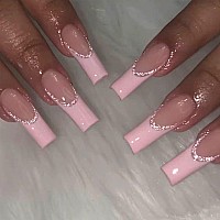 Yosomk Square Press On Nails Long Pink Fake Nails Press On Artificial False Nails For Women Stick On Nails With Glue On Static N