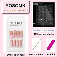 Yosomk Square Press On Nails Long Pink Fake Nails Press On Artificial False Nails For Women Stick On Nails With Glue On Static N