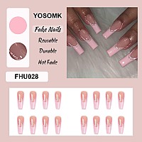 Yosomk Square Press On Nails Long Pink Fake Nails Press On Artificial False Nails For Women Stick On Nails With Glue On Static N