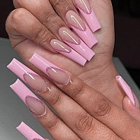 Yosomk Square Press On Nails Long Pink Fake Nails Press On Artificial False Nails For Women Stick On Nails With Glue On Static N