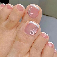 Docvoeomh French Tips Press On Toenails White Square Fake Toe Nails With Rose Design Full Cover Glue On Toe Nails Nude Pink Acry