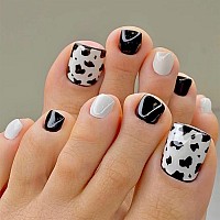 Docvoeomh Press On Toenails Short Fake Toe Nails Black White Fake Toenails Cow Print Design Full Cover Glue On Toe Nails Summer