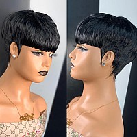 Pangdonglai Pixie Cut Wigs For Black Women Short Pixie Straight Human Hair Wigs With Bangs Natural 1B Color Wig Short Layered Pi