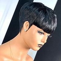 Pangdonglai Pixie Cut Wigs For Black Women Short Pixie Straight Human Hair Wigs With Bangs Natural 1B Color Wig Short Layered Pi