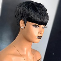 Pangdonglai Pixie Cut Wigs For Black Women Short Pixie Straight Human Hair Wigs With Bangs Natural 1B Color Wig Short Layered Pi