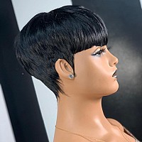 Pangdonglai Pixie Cut Wigs For Black Women Short Pixie Straight Human Hair Wigs With Bangs Natural 1B Color Wig Short Layered Pi