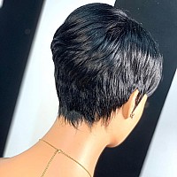 Pangdonglai Pixie Cut Wigs For Black Women Short Pixie Straight Human Hair Wigs With Bangs Natural 1B Color Wig Short Layered Pi