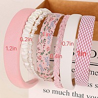 Drnytunk Womens Pearl Floral Padded Wide Bandana Headbands Vintage Hair Accessories Pink