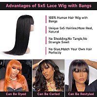 Goulus 5X5 Glueless Wig Human Hair Straight Lace Front Wigs With Bangs Human Hair For Woman Hd Lace Closure Wigs 220 Density Na