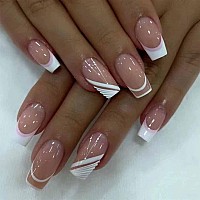 Foccna Pink French Press On Nails Medium White Fake Nails Square Acrylic False Pink Nailsfrench Artificial Nails For Women And