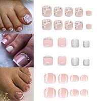 Yosomk 72Pcs 3 Boxes Press On Toenails Short Square Fake Nails Glossy Toe Nails With Pink Designs Fake Toenails Nude Full Cove