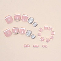 Yosomk 72Pcs 3 Boxes Press On Toenails Short Square Fake Nails Glossy Toe Nails With Pink Designs Fake Toenails Nude Full Cove