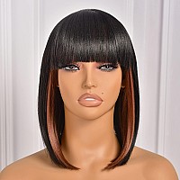 Toyotress Peekaboo Color Bob Wigs With Bangs 14 Inch Blunt Cut Black Mix Brown Light Yaki Straight Hair Daily Costume Wig Fo