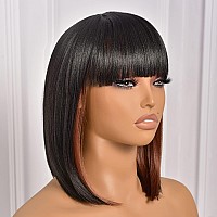 Toyotress Peekaboo Color Bob Wigs With Bangs 14 Inch Blunt Cut Black Mix Brown Light Yaki Straight Hair Daily Costume Wig Fo