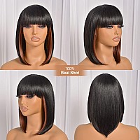 Toyotress Peekaboo Color Bob Wigs With Bangs 14 Inch Blunt Cut Black Mix Brown Light Yaki Straight Hair Daily Costume Wig Fo